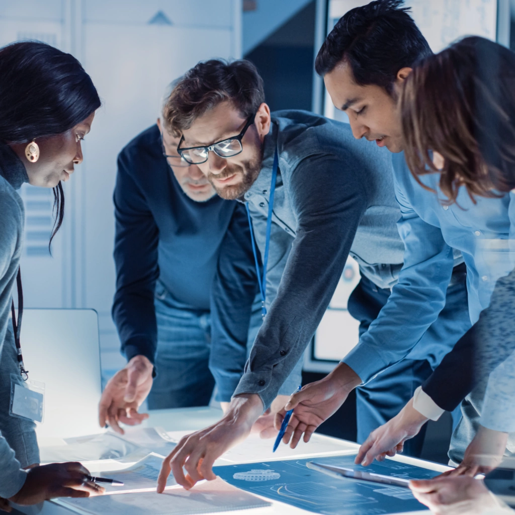 Group of people reviewing a research chart on a worktable