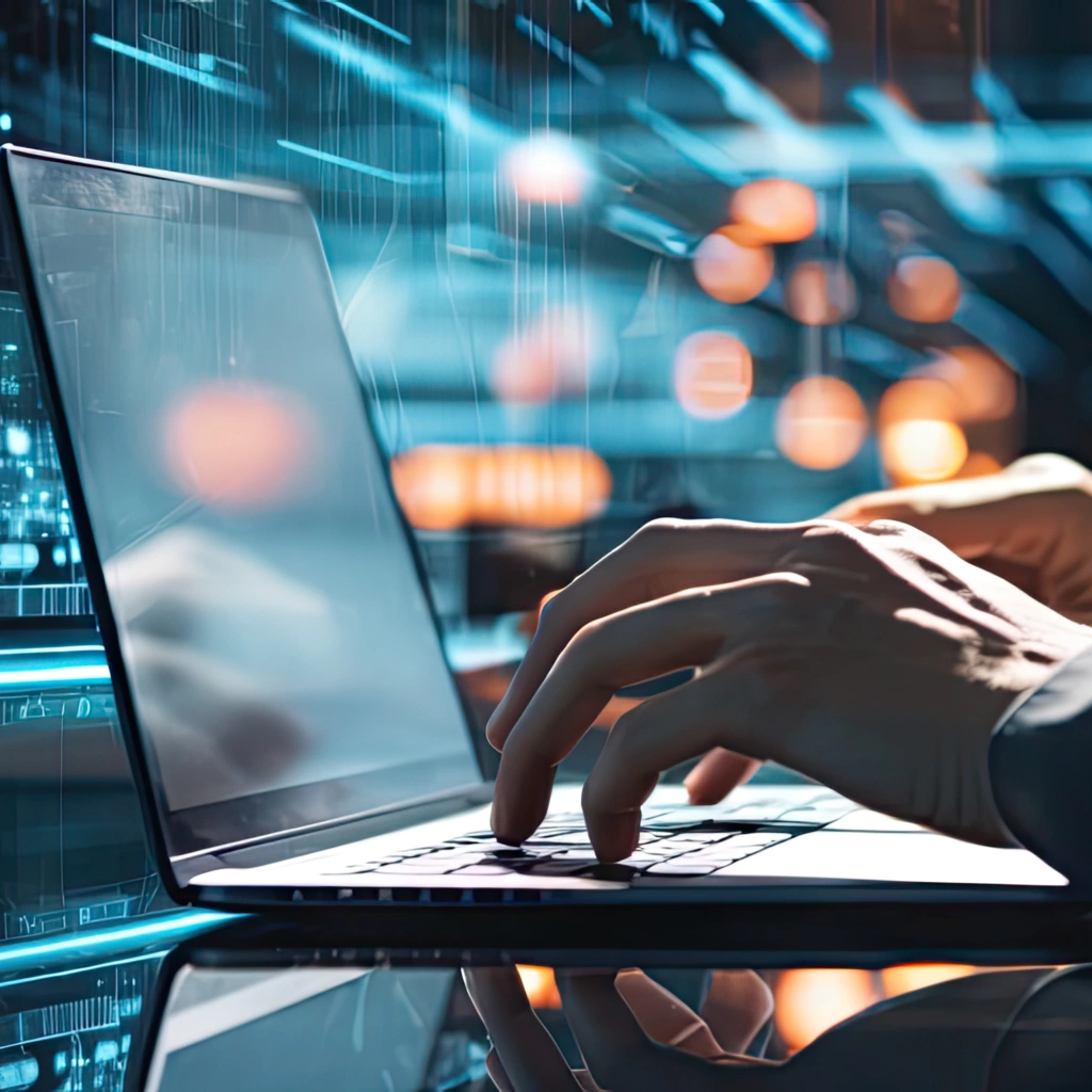 man typing on a computer against a blue toned high-tech background.