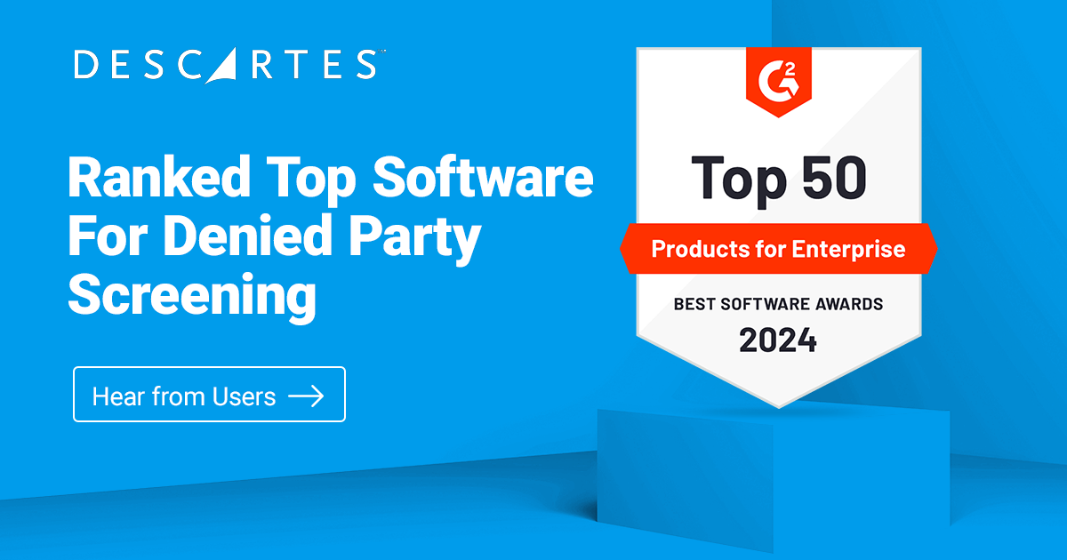 G2 badge showing Descartes Denied Party Screening software listed as top 50 best software for Enterprises in 2024