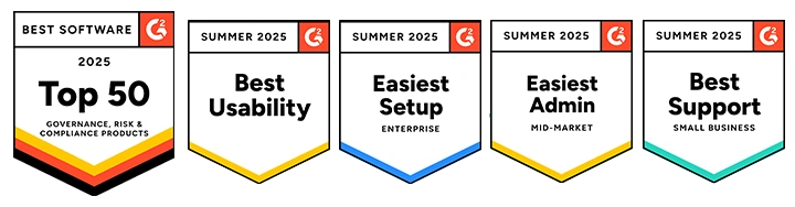 Descartes G2 badges for 2025 top 50 best software leadership, best usability, and easiest admin in denied party screening software