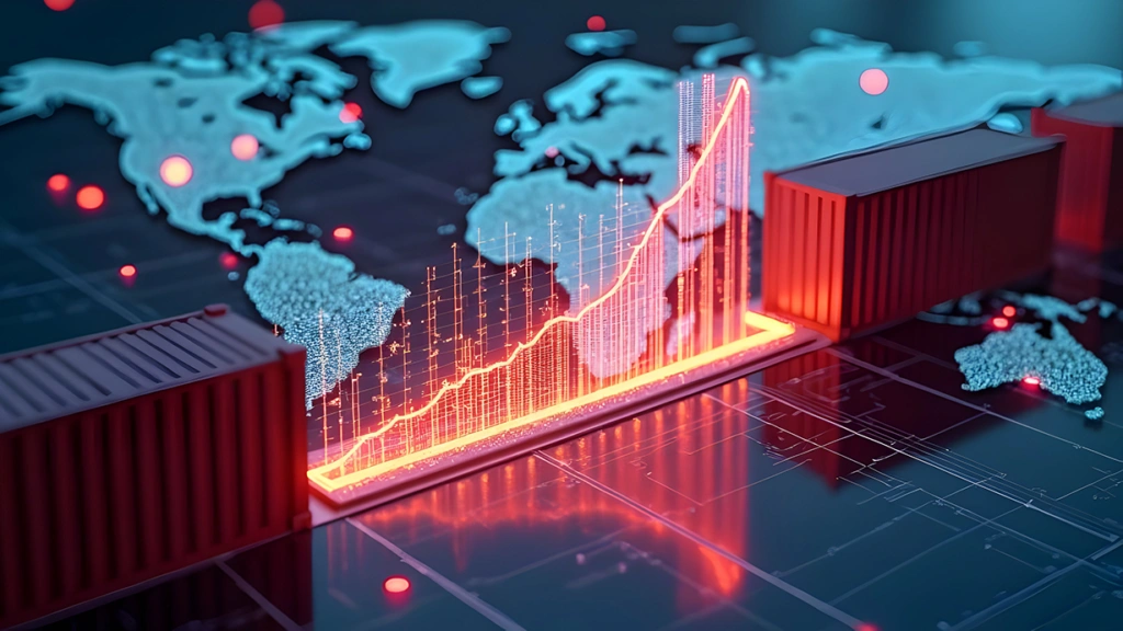 Global supply chain map showing tariff volatility and export compliance risk indicators, representing how tariff changes create new denied party screening and export control challenges.